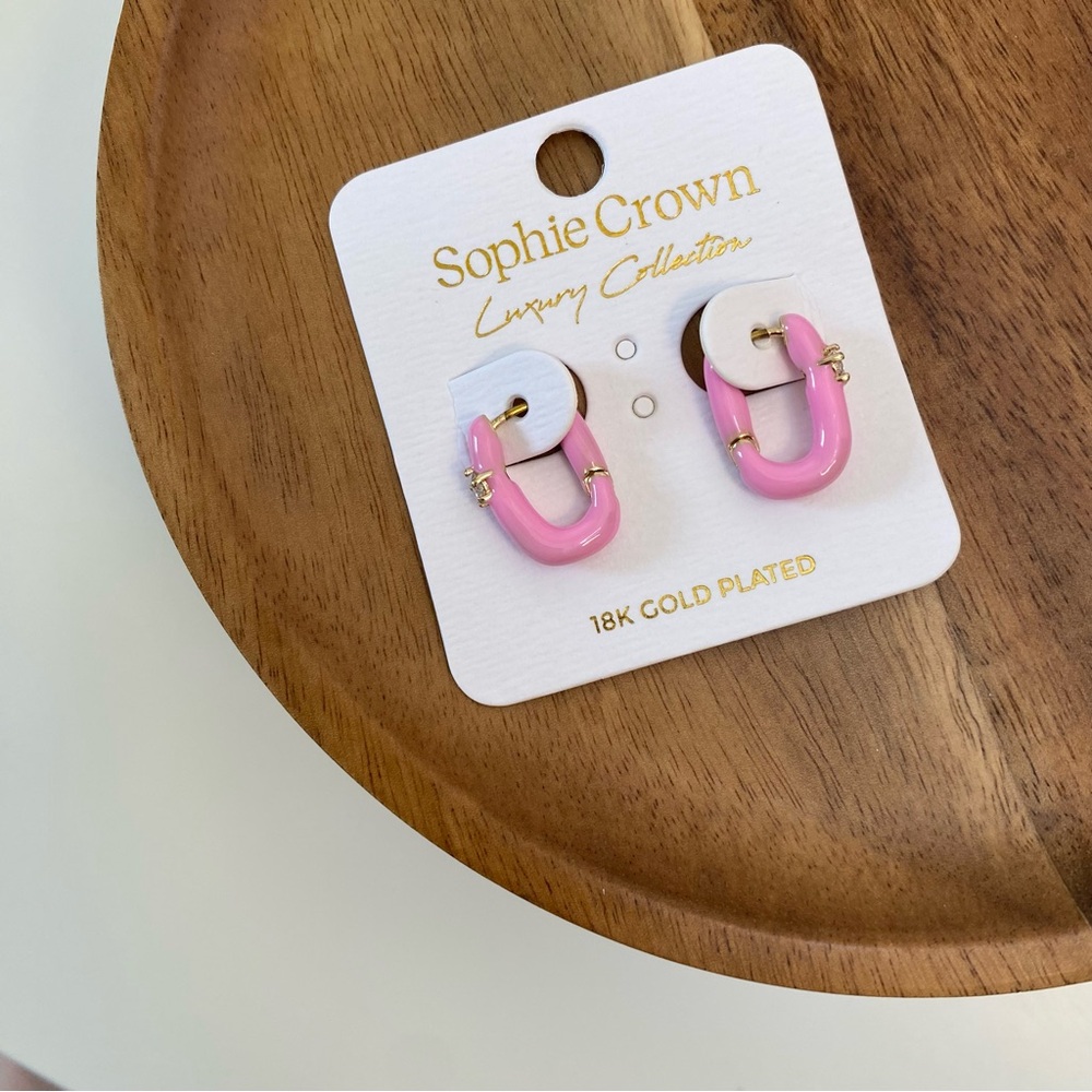 3/$20 Sophie Crown Pink Enameled 18K Gold Plated Hoop Earrings